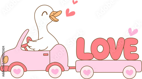 Cute goose driving pink car with word LOVE on trailer, surrounded by hearts, conveying joyful and romantic vibe