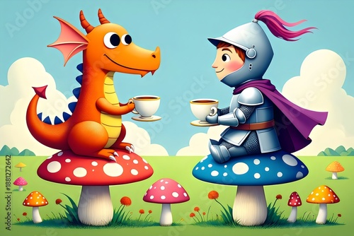 cute Little Knight and Baby Dragon Having Tea Party on Giant Mushrooms 6 jpg