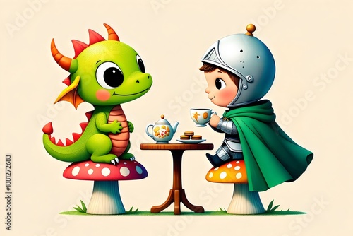 cute Little Knight and Baby Dragon Having Tea Party on Giant Mushrooms 2 jpg