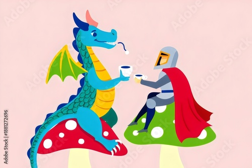 cute Little Knight and Baby Dragon Having Tea Party on Giant Mushrooms 1 pg