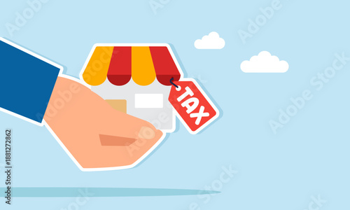 hand of Businessman carrying a house property labeled tax illustration of offering to sell a house property with tax liabilities