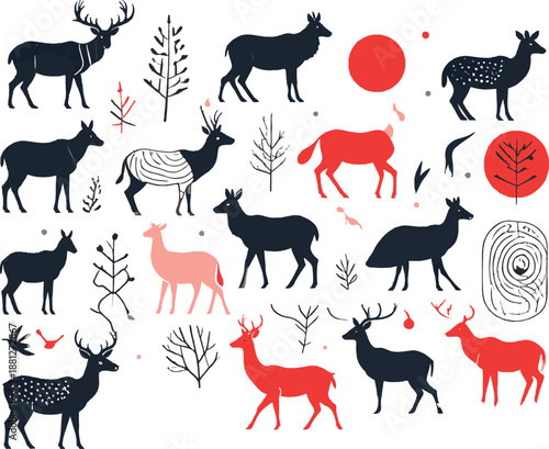 Stylish wildlife deer illustration collection in modern graphic style high resolution vector