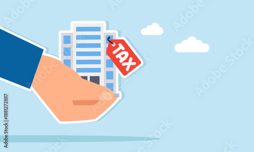 hand of Businessman carrying corporate building property labeled tax illustration of offering to sell company building property with tax liabilities