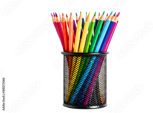 Colorful pencils in metal holder isolated on transparent background