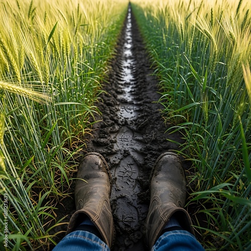 Person wearing boots stands in a muddy track between rows of tall green grain crops
