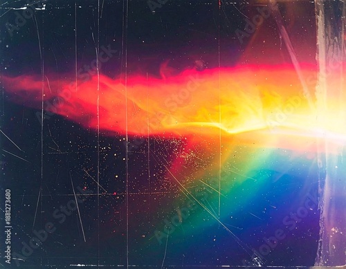 Abstract, vibrant artwork with light rays, rainbow hues, and dark gradients, resembling a celestial event or artistic expression