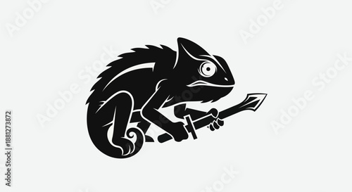 Fotografie Black chameleon silhouette holding sword vector illustration isolated