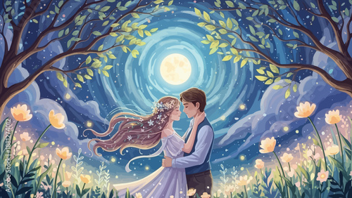 Romantic Couple Embracing Under Enchanted Moonlight in Magical Garden
