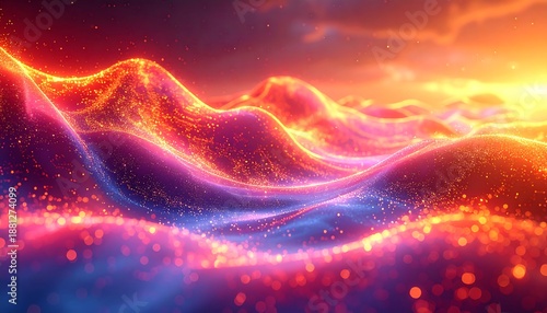 A vibrant, abstract digital artwork depicting glowing waves in a fiery, otherworldly landscape with bright orange and purple hues