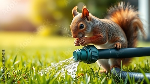 A squirrel chewing on a garden hose with water spraying on the lawn.