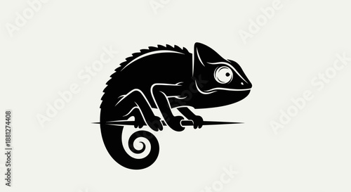 Photos Black chameleon silhouette perched on branch against cream background