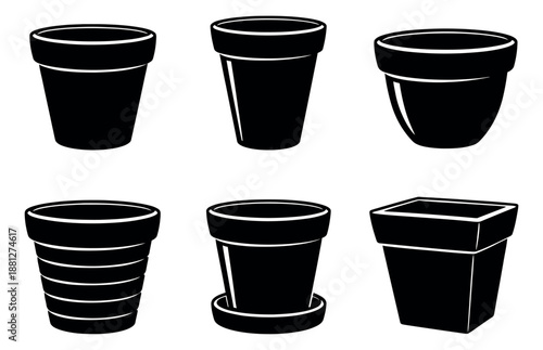 Line art plant pot set featuring various container shapes for gardening and home decor