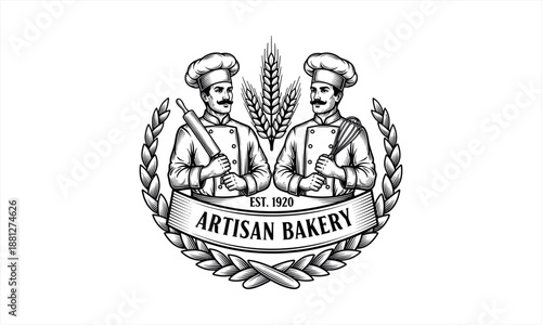 Vintage Artisan Bakery Logo with Two Chefs and Wheat.