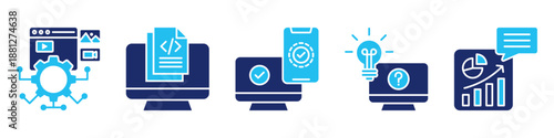 digital production icon set collection, for development concept with icons digital content, programming, protection, solving technical problems, analytics. simple vector glyph duotone illustration
