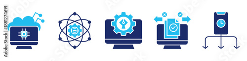 advanced computing icon set collection, for data system concept with icons cloud computing, data science, software design, decision making, time management. simple vector glyph duotone illustration