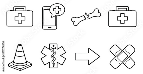 Line art medical emergency icons set featuring first aid kits, a broken bone, a medical phone, star of life, and safety elements for health, safety, and urgent care services