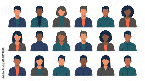 Editable vector set of diverse business team avatars, flat professional people portraits on white