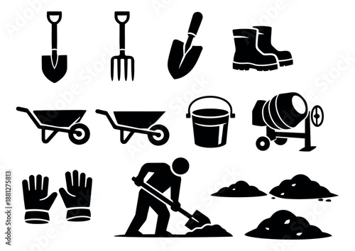 Simple silhouette construction tools set featuring shovels, wheelbarrows, boots, and a worker for building and gardening projects