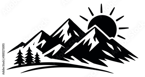 Hand drawn graphic illustration of mountains, sun, and trees depicting a scenic nature view for outdoor branding