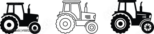 Farm tractor icon set with silhouette and outline styles isolated on white background vector illustration for agriculture machinery design