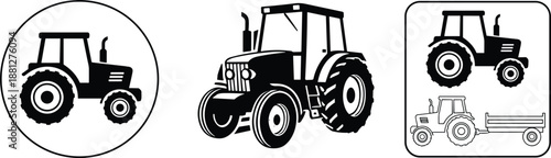 Farm tractor icon set with circular and square frames isolated on white background vector illustration for agriculture machinery design