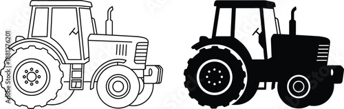 Farm tractor outline and solid silhouette icon set isolated on white background vector illustration for agriculture machinery concept