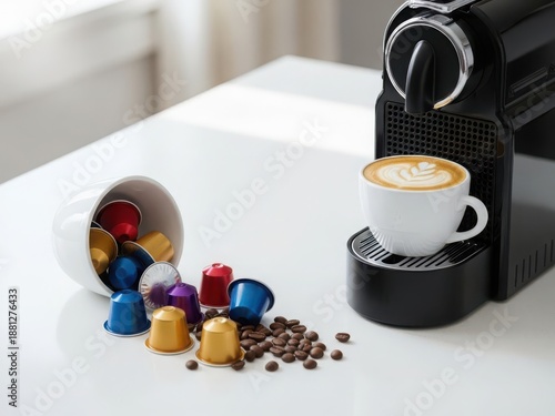 Coffee machine with colorful capsules and a cup of latte on a white table