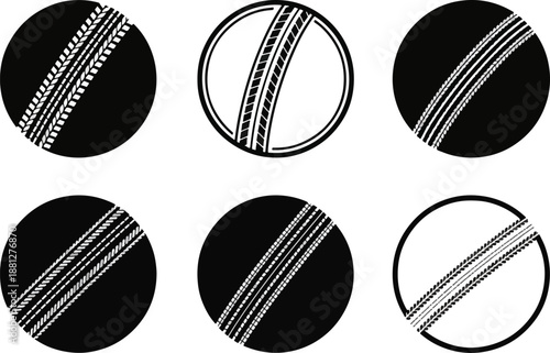 Six Cricket Ball Icons Illustration Set Black and White Design