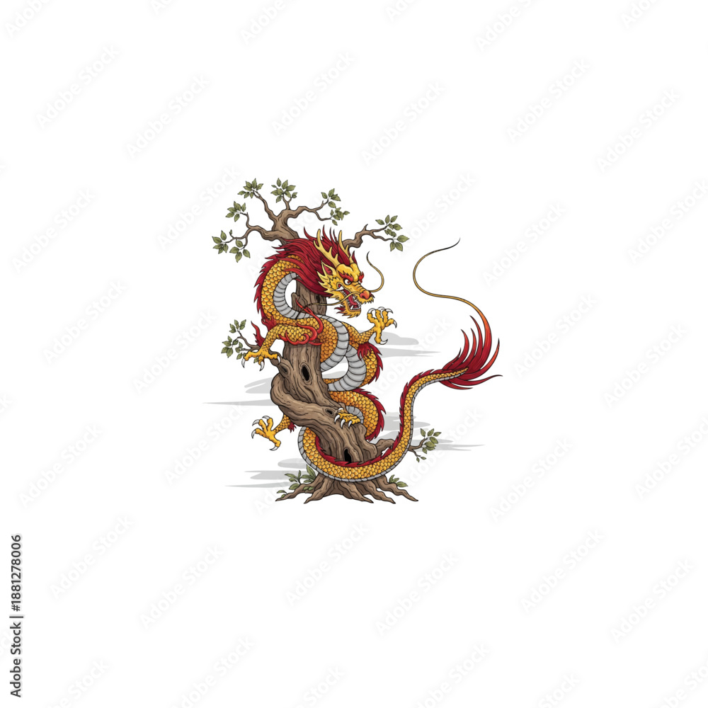 Obraz premium Majestic Dragon Coiled Around an Ancient Tree.