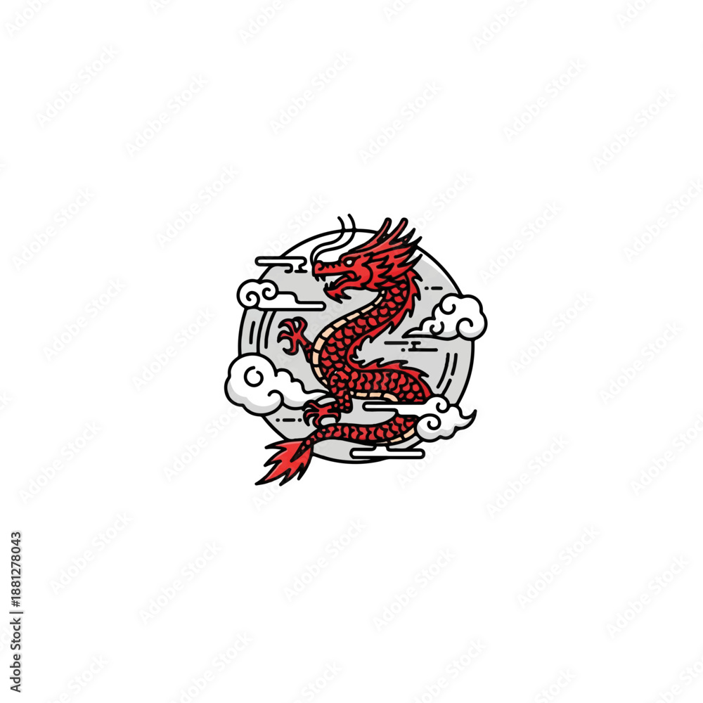 Fototapeta premium Majestic Red Dragon in Clouds Illustration.