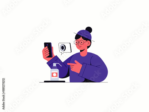 Vector flat design illustration of a person in purple clothing interacting with a smartphone and laptop on a plain white background.