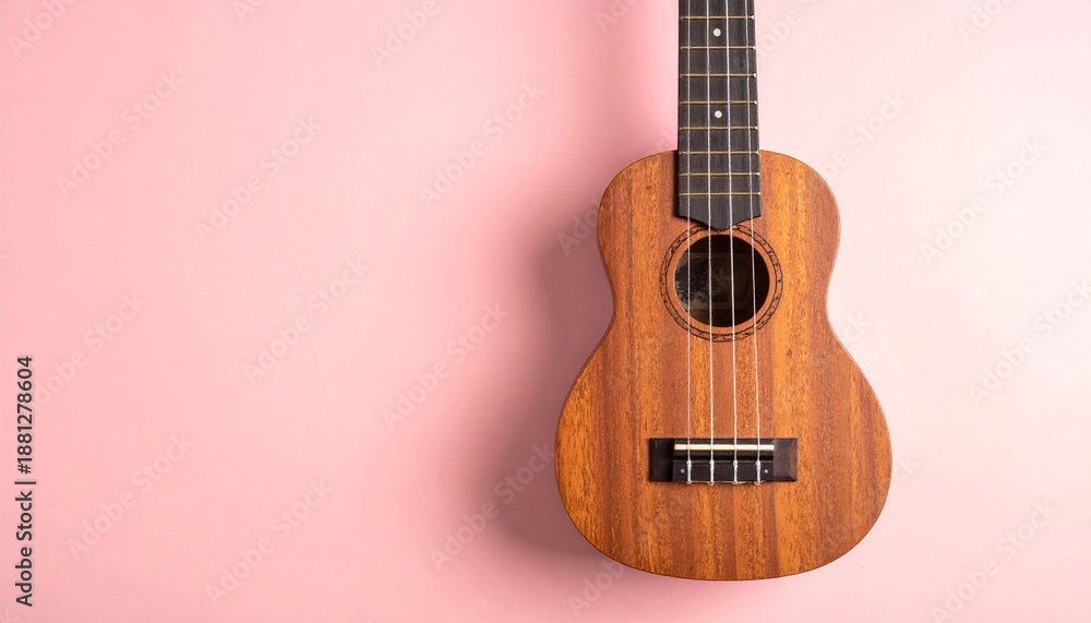 Fototapeta premium Close-up shot of a ukulele, a small four-stringed musical instrument, against a pink background