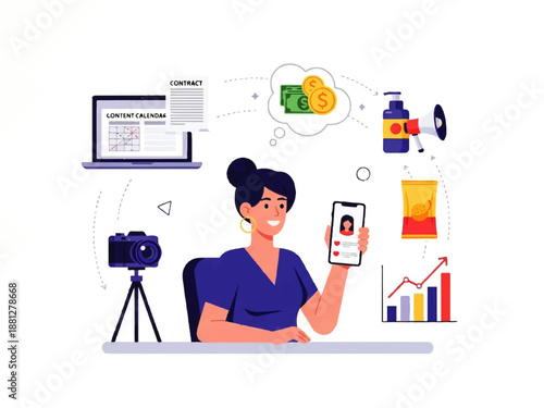 Vector flat design illustration of a woman sitting at a desk holding a smartphone with various icons and graphs surrounding her in a thought bubble, conveying a creative and productive mood.