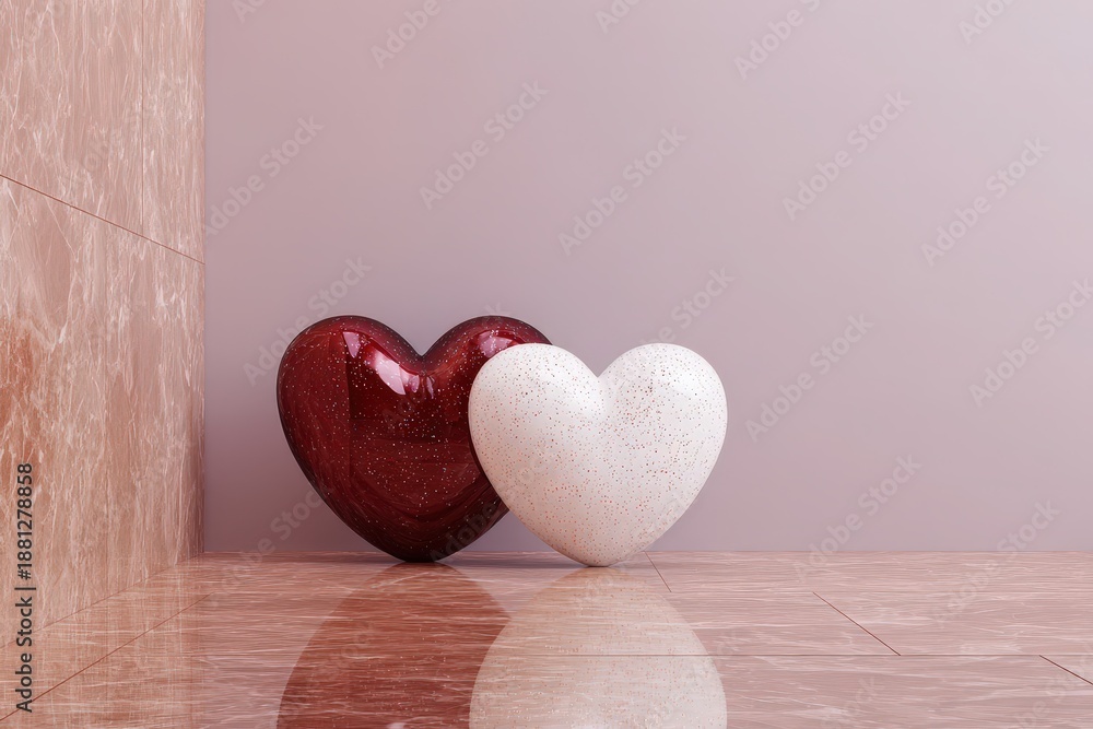 Fototapeta premium Two decorative hearts, one deep red and one white, resting against a pastel wall on a reflective floor.