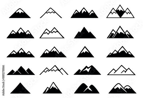 Line art and solid fill mountain icon set featuring various peak designs for adventure and nature themes