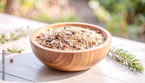 Close-up of a Rustic Wooden Bowl Brimming with a Nourishing Bird Seed Mix, Set Outdoors