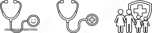 Medical care and family health protection outline icon set with stethoscope symbols isolated on white background vector illustration