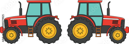 Red farm tractor side view illustration set isolated on white background vector design for agriculture farming machinery concept