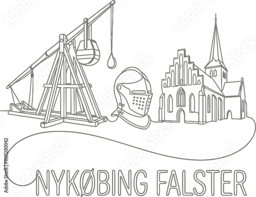 Nykøbing Falster landmarks line art vector illustration