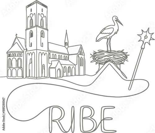 Ribe Denmark landmarks with cathedral and stork line art illustration