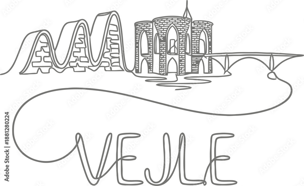 Naklejka premium Vejle city landmarks skyline one line vector illustration