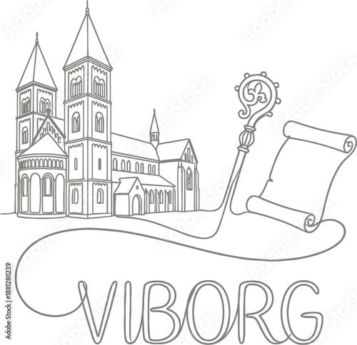 Viborg Cathedral with religious symbols vector line art illustration