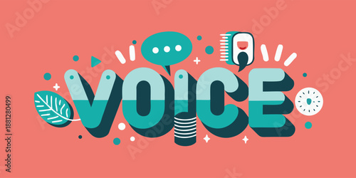 A vibrant and modern logo featuring the word 'voice' in rounded letters transforming into creative design elements