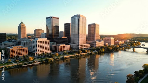 Wallpaper Mural Aerial View of a Modern City Skyline at Sunrise Reflecting on the Calm River Water Torontodigital.ca