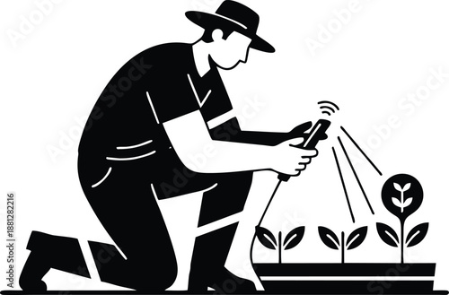 Flat vector silhouette of a professional farmer crouching beside crop rows while scanning plant leaves using a handheld smart agriculture sensor for precision farming and digital crop monitoring
