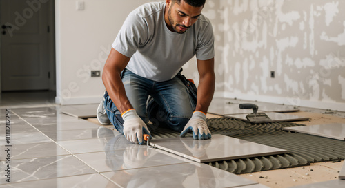 Professional tiler installing large floor tiles. Man laying grey marble ceramic tiles on adhesive in a home renovation project. Construction and flooring installation work