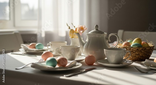 Wallpaper Mural Easter Table Setting with Pastel Eggs and Sunlight Torontodigital.ca