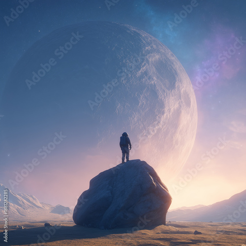 Astronaut Silhouette on Boulder Under Giant Planet with Subtle Nebula Glow, Cinematic Scene