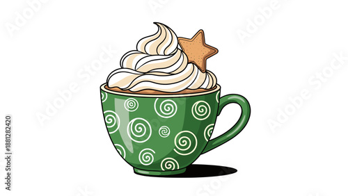 Festive Holiday Drink with Whipped Cream and Star Cookie Illustration