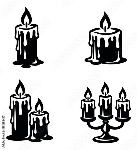 Stylized silhouette candle set featuring burning candles, dripping wax, and a candelabra for ambiance and decorative purposes